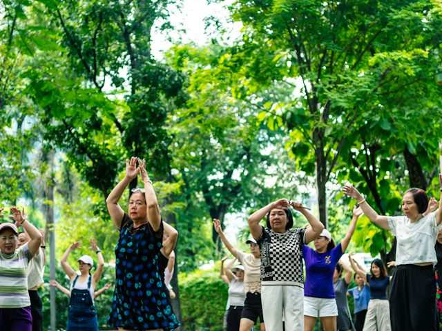 Ältere Menschen machen gemeinsam Übungen im Park